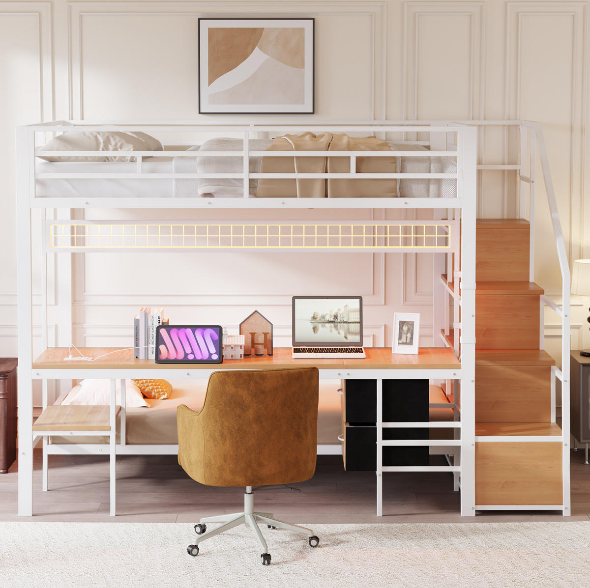 HOCHBETT 140/200 & 90/200 cm aus Metall/MDF mit Schreibtisch, LED und Stauraum Weiß - Weiß, Metall (140/200cm) - Modenvie