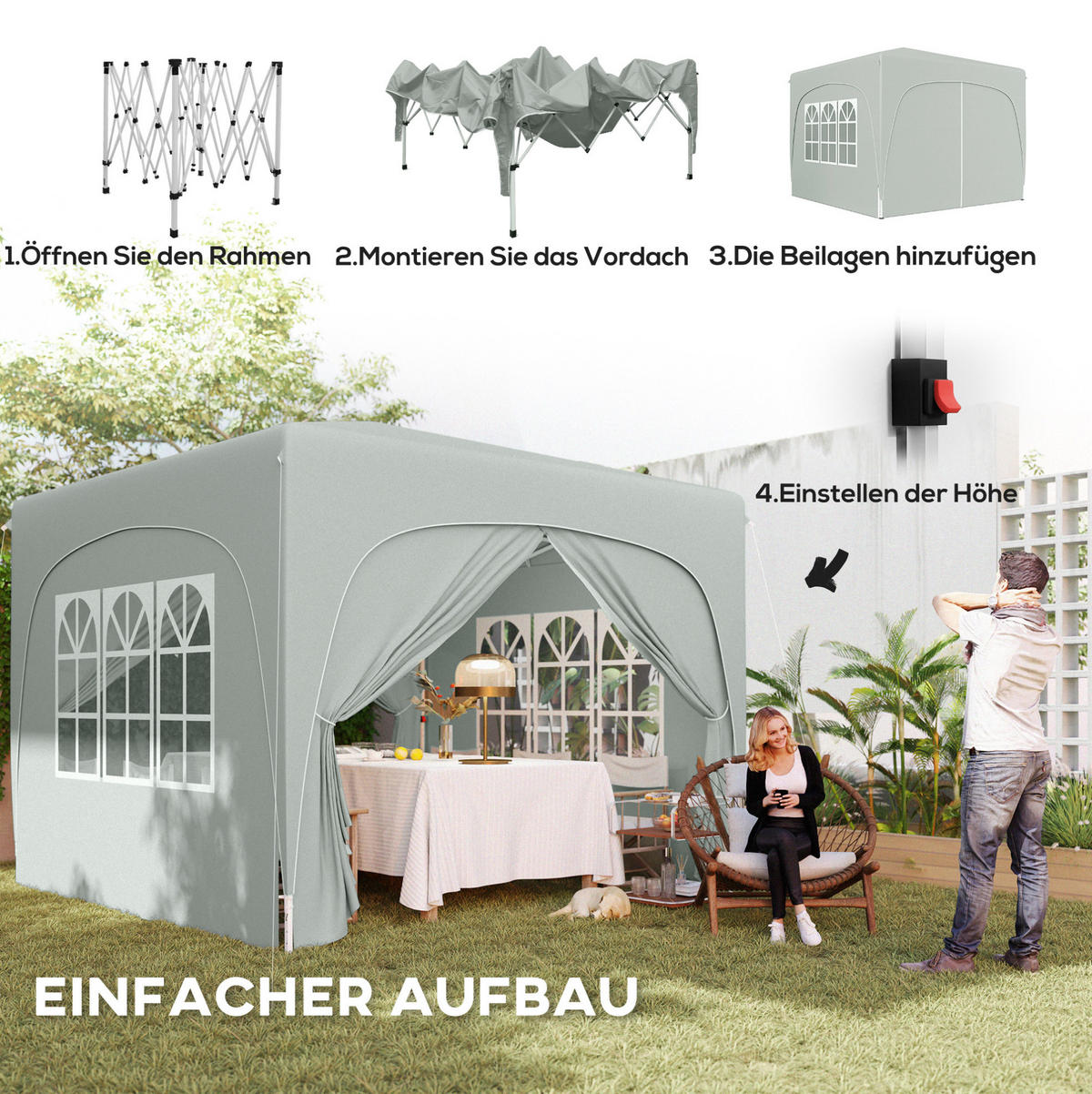 FALTPAVILLON 300/300/273 cm höhenverstellbar mit 4 Seitenteilen und UV-Schutz 50+, aus Polyester, Hellgrau - Hellgrau, Textil (300/273/300cm) - Redom
