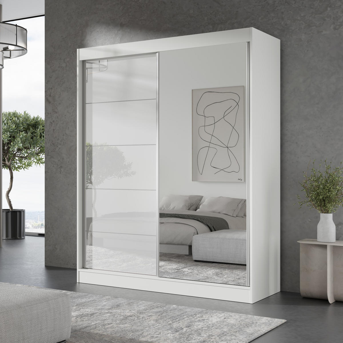 SCHIEBETÜRENSCHRANK mit Spiegel Como 2D1L 150 Weiß (lacobel) - Silberfarben/Weiß, Holzwerkstoff/Metall (150/201/65cm) - mzm24