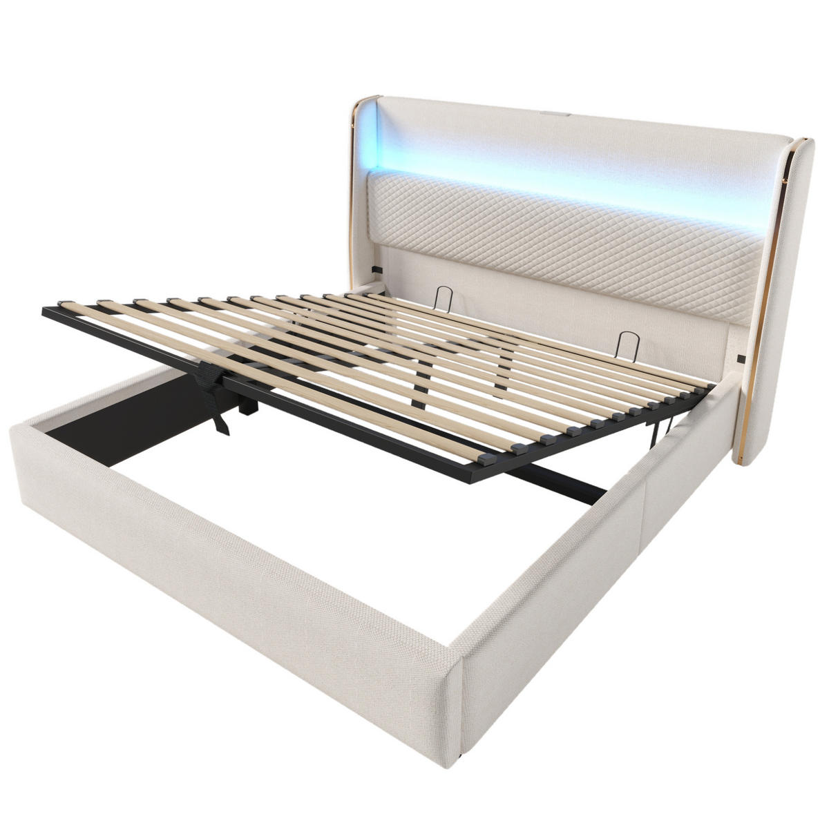 POLSTERBETT aus Leinen 140x200 cm in Beige mit LED & USB/Type-C & Stauraum - Beige, Textil (140/200cm) - Modfu
