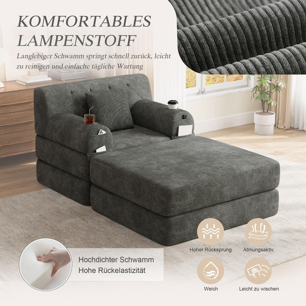 SCHLAFSOFA mit Hocker und Liegefunktion aus Cord in Dunkelgrau - Dunkelgrau, Textil (191/60/162cm) - EVRYAE