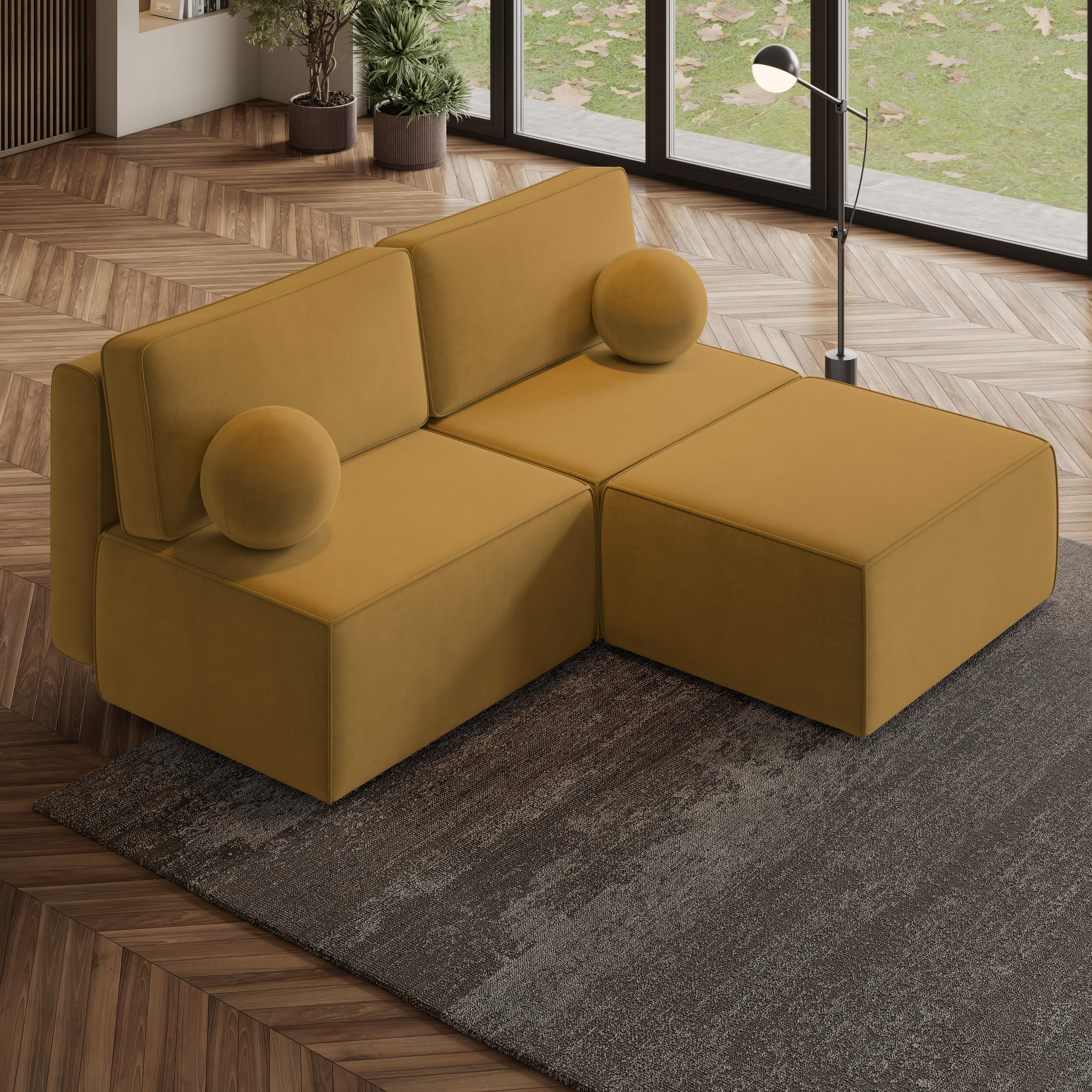 ECKSOFA VARNA M Gelb Velours-Stoff mit Schlaffunktion - Gelb, Holz (196/158cm) - MASSENO