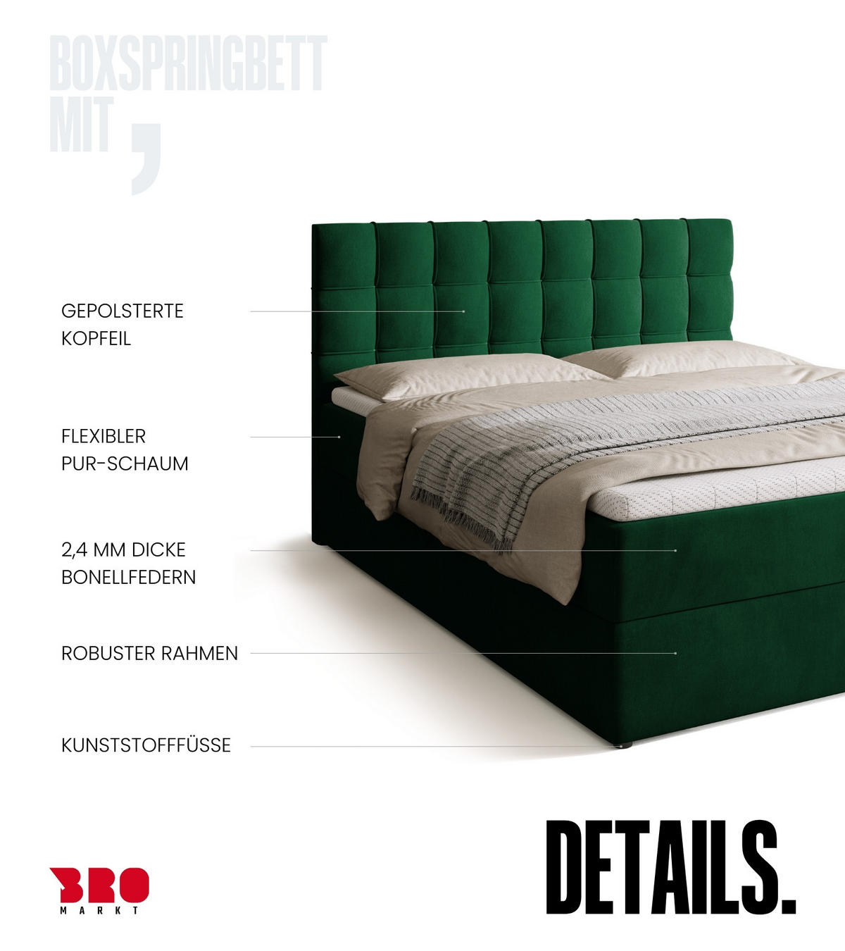 BOXBETT Detroit mit Topper 160/200 Grün - Grün, Holzwerkstoff/Textil (160/200cm) - Bromarkt