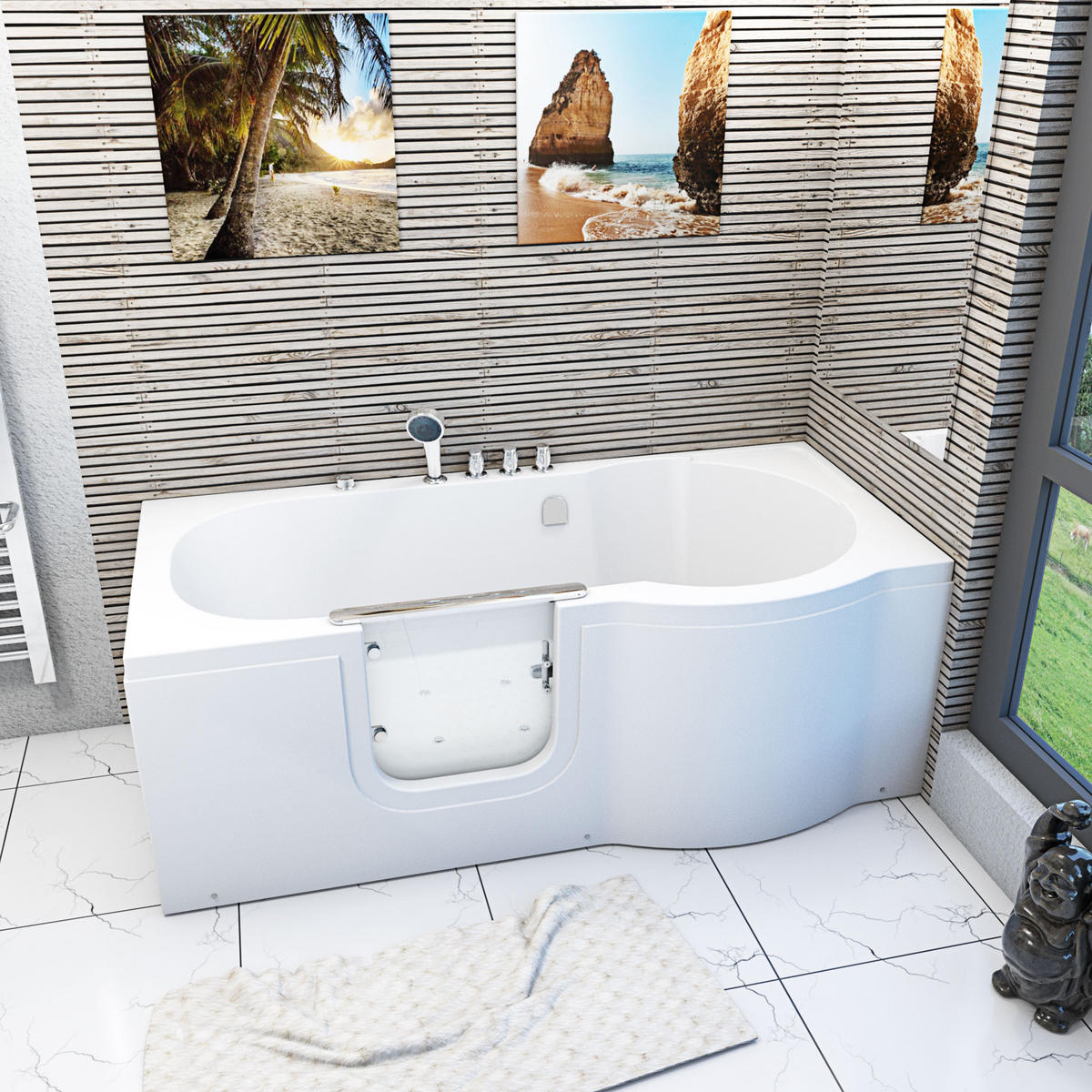 SITZBADEWANNE Senioren Wanne Sitzwanne mit Tür S12-TH-AIR-L 170x85cm - Weiß, Glas/Kunststoff (85/60/170cm) - AcquaVapore by Sandra Jentho
