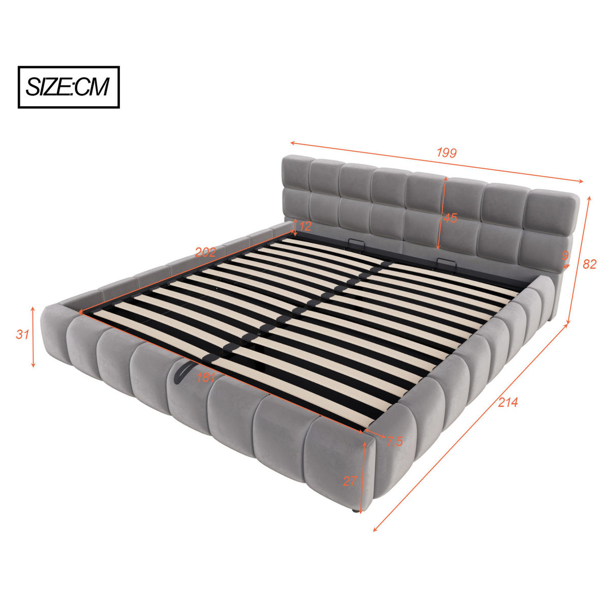 POLSTERBETT 180/200 cm aus Samt mit LED-Streifen, Grau - Grau, Textil (180/200cm) - OKMYHOME