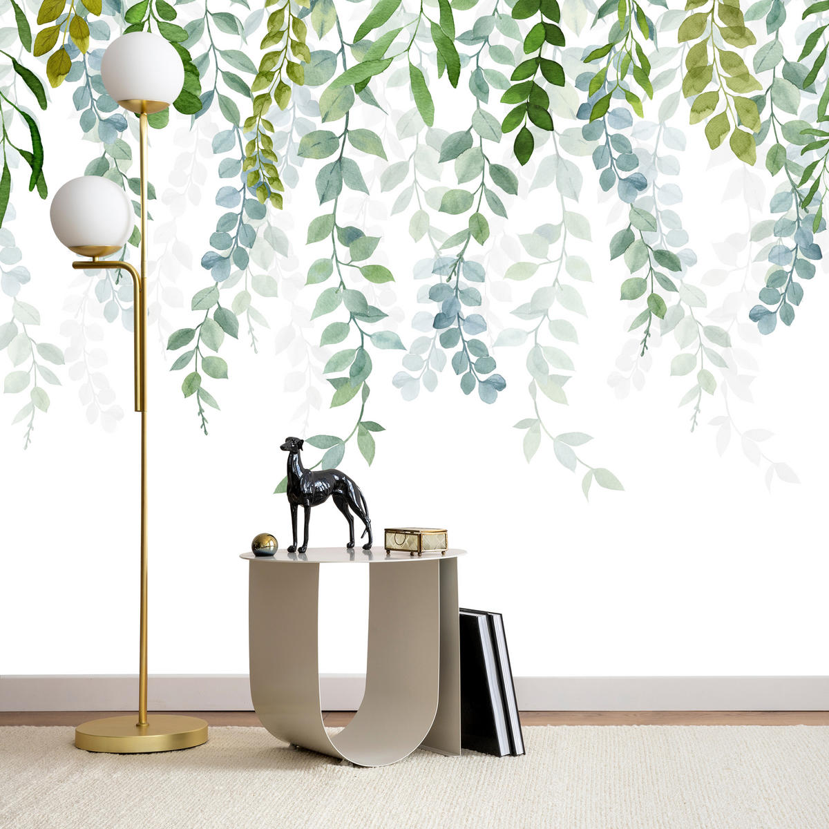 FOTOTAPETE für Schlafzimmer Zarte Ranken Blätter Kletterpflanzen Natur 150x105 - Weiß/Grün, Papier (150/105cm) - Muralo