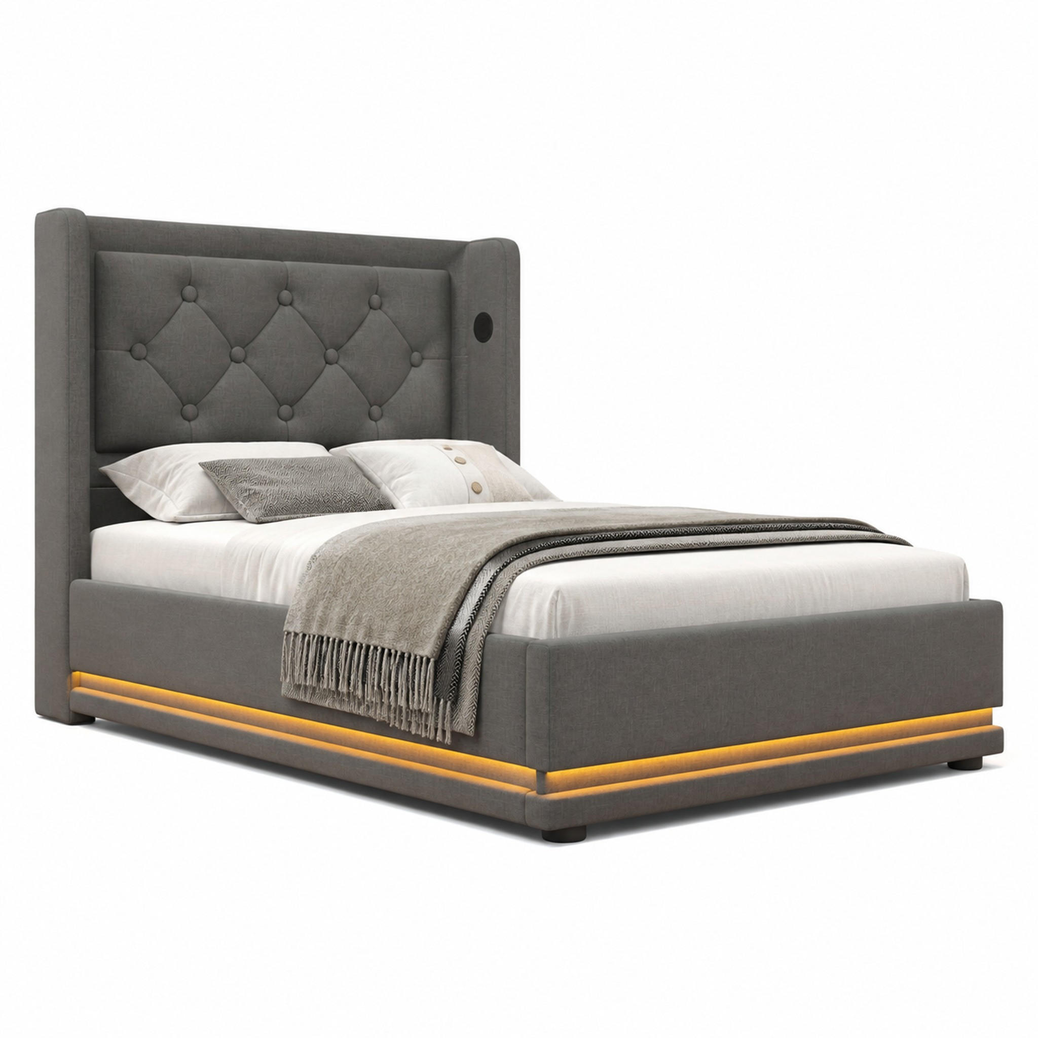 BETT mit Stauraum 90x200 cm Baumwolle Grau mit USB und LED - Grau, Metall (90/200cm) - Meubliv