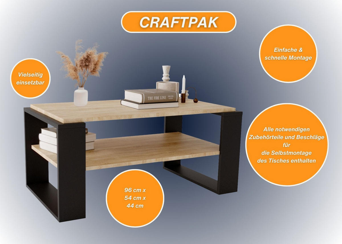 COUCHTISCH Holzwerkstoff rechteckig stabil Sonoma Eiche 42/54/96cm - Schwarz/Sonoma Eiche, Holzwerkstoff (53.8/96/42cm) - CraftPAK