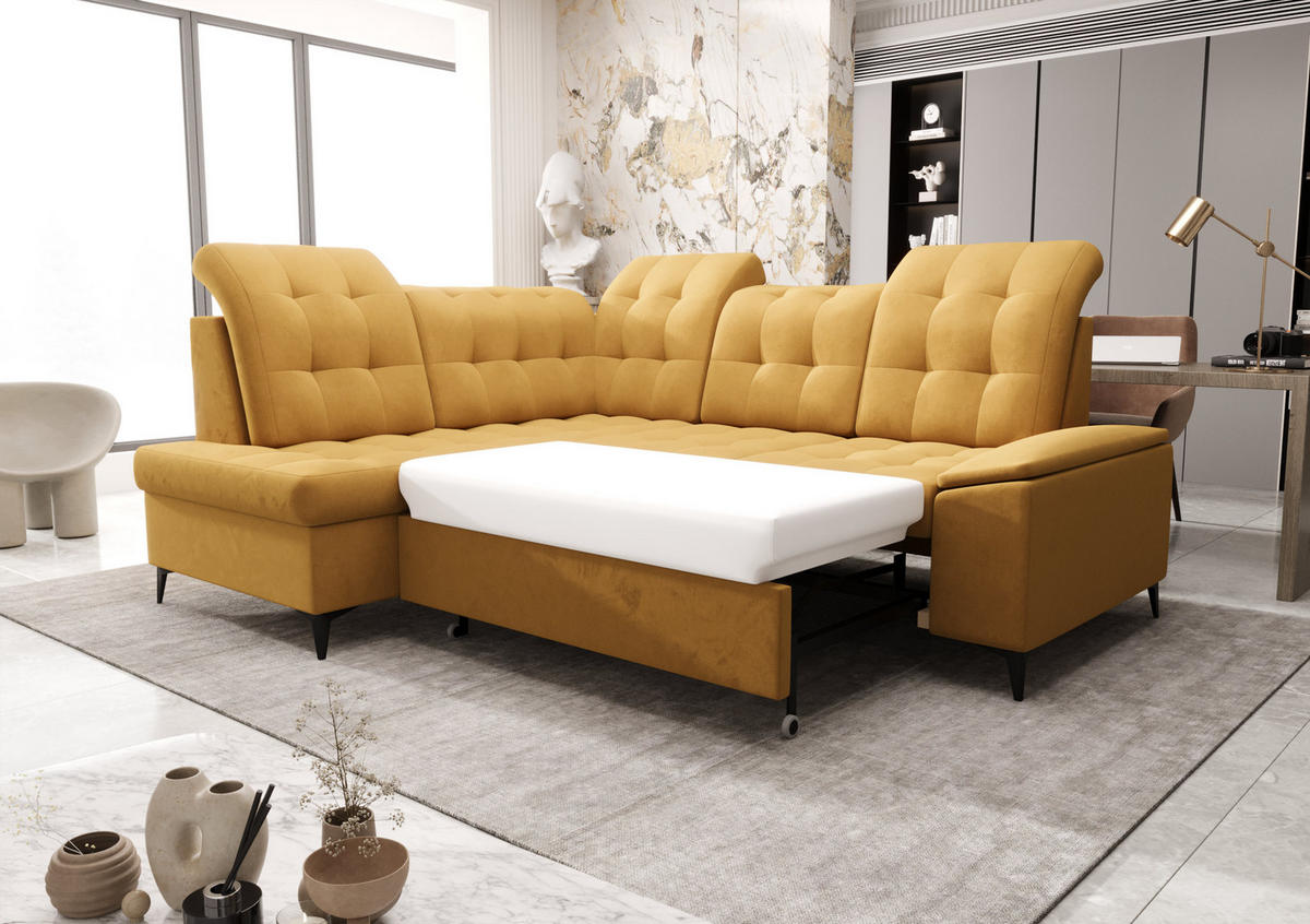 ECKSOFA KONGO RBN16, Eckcouch in L-Form mit Schlaffunktion, Farbe: Gelb, Velourstoff, Ottomane Links - Gelb, Textil (268/210cm) - O-Sofa