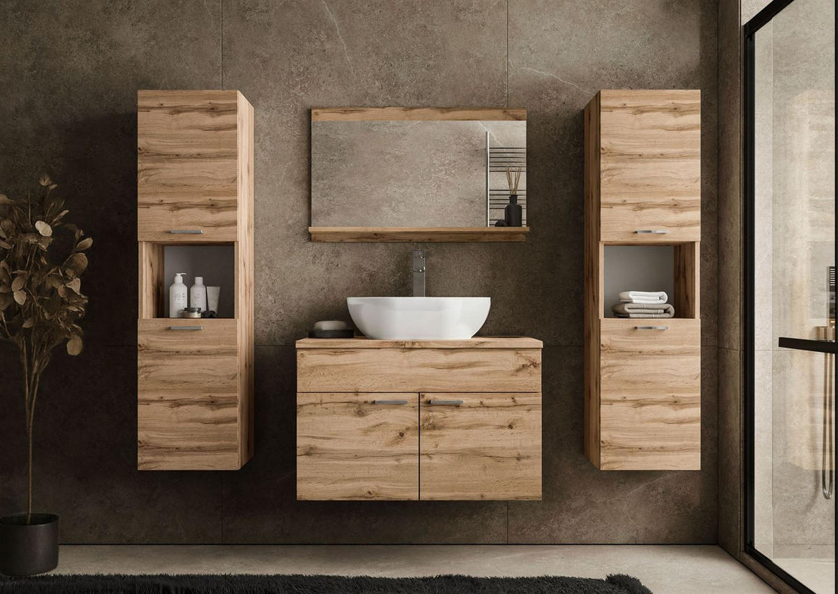 BADMÖBEL-SET LUMIRE LOFT IV Wotan Eiche mit Spiegel - Braun, Holzwerkstoff (60/52/46cm) - Lookway