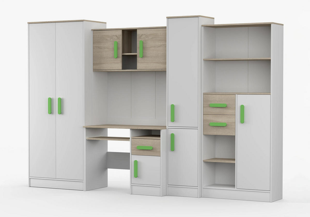 JUGENDZIMMER Wohnwand Colorino in Weiß und Eiche Sonoma – mit Limettenfarbenen Griffen 5 teilig - Kinderzimmer Komplett - Weiß, Holzwerkstoff (80/200/120cm)