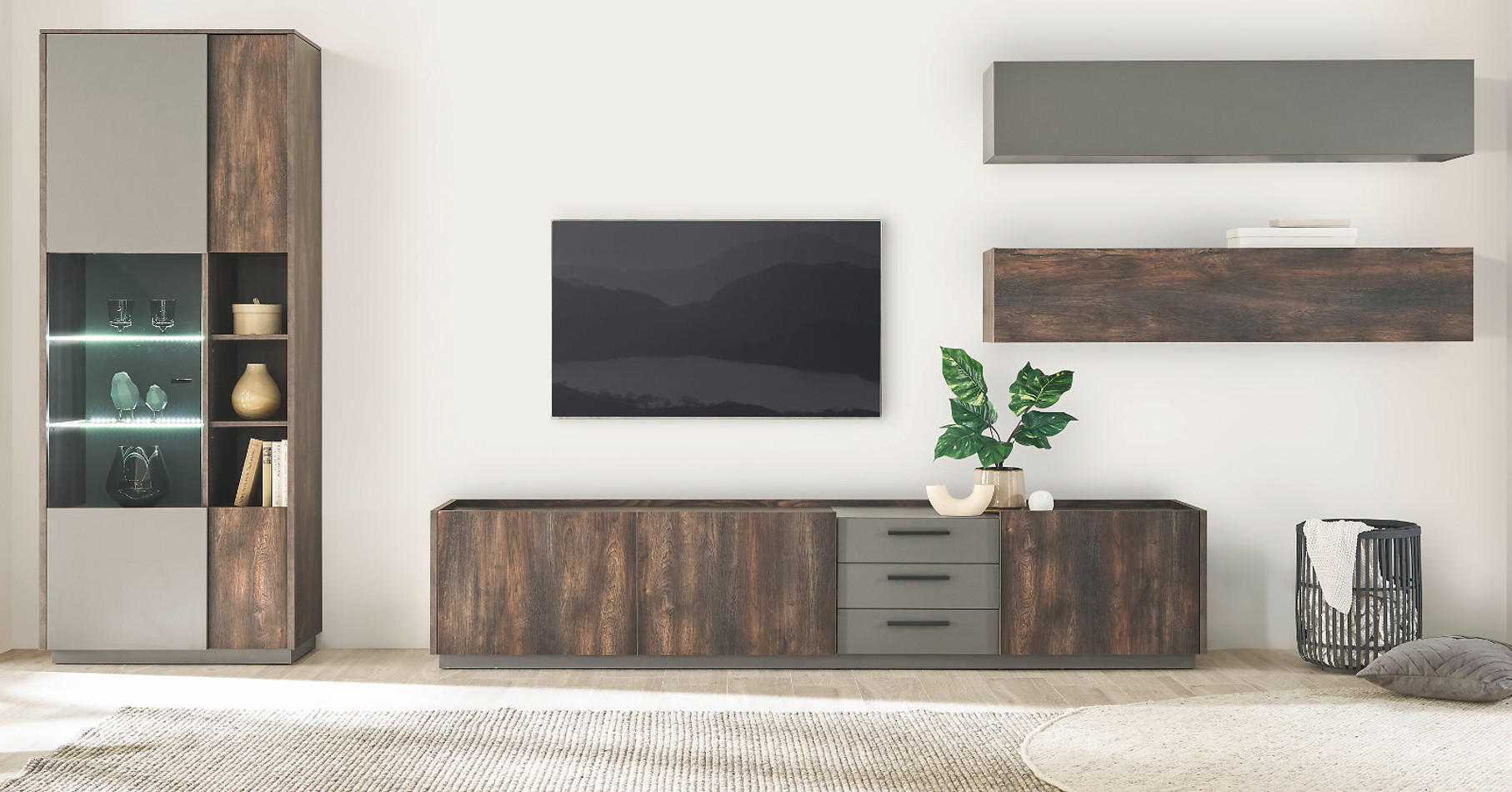 WOHNWAND Thermo Eiche, grau, Set 4-teilig mit XXL TV-Lowboard und Soft-Close - Eichefarben/Grau, Holzwerkstoff/Metall (416/200/45cm) - Furn.Design