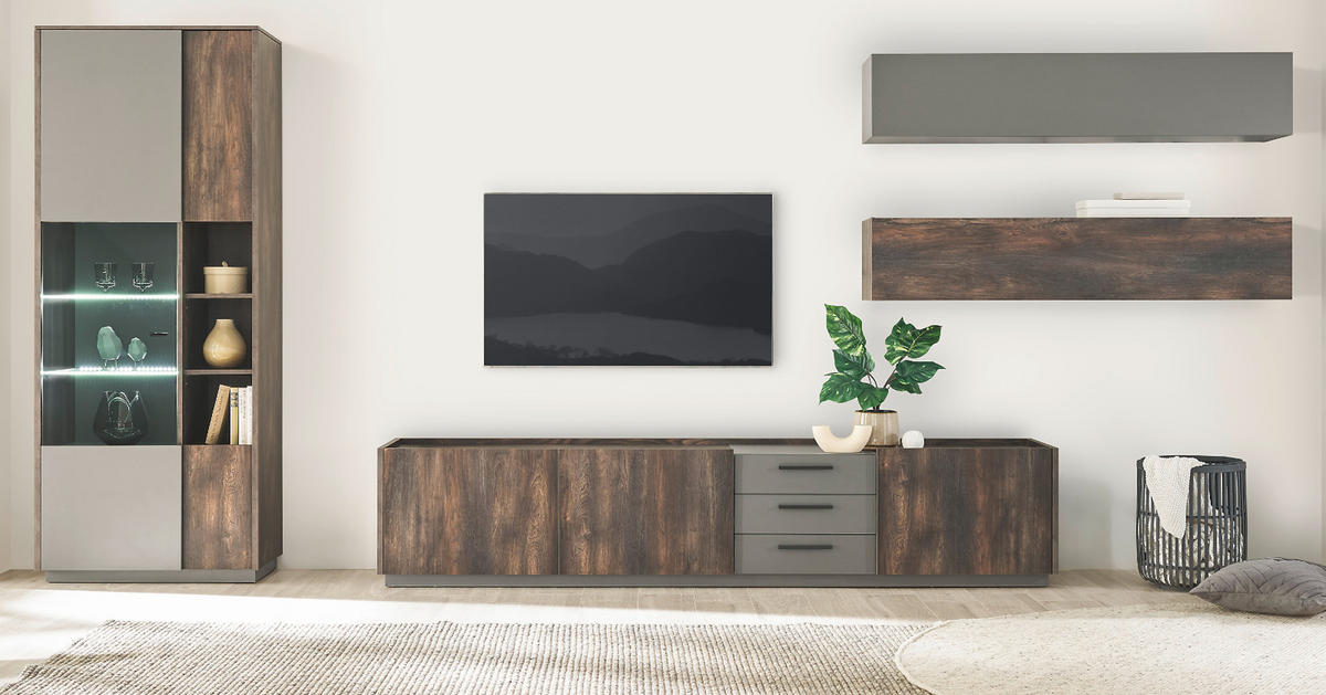 WOHNWAND Thermo Eiche, grau, Set 4-teilig mit XXL TV-Lowboard und Soft-Close - Eichefarben/Grau, Holzwerkstoff/Metall (416/200/45cm) - Furn.Design