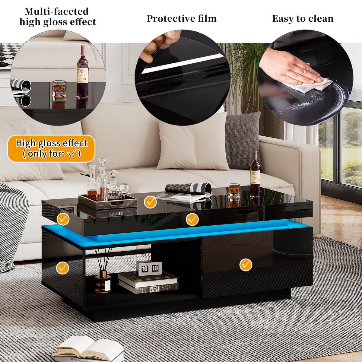 COUCHTISCH DE-093 LED-Hochglanz Schwarz - Schwarz, Holzwerkstoff (50/100/41cm) - ComfortXL