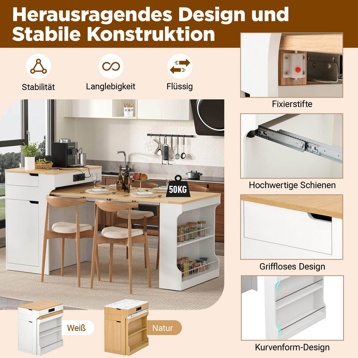 KÜCHENINSEL ausziehbar 55-153/80/93 cm DE-39575 Weiß - Weiß, Holzwerkstoff (80/93/56.2cm) - ComfortXL