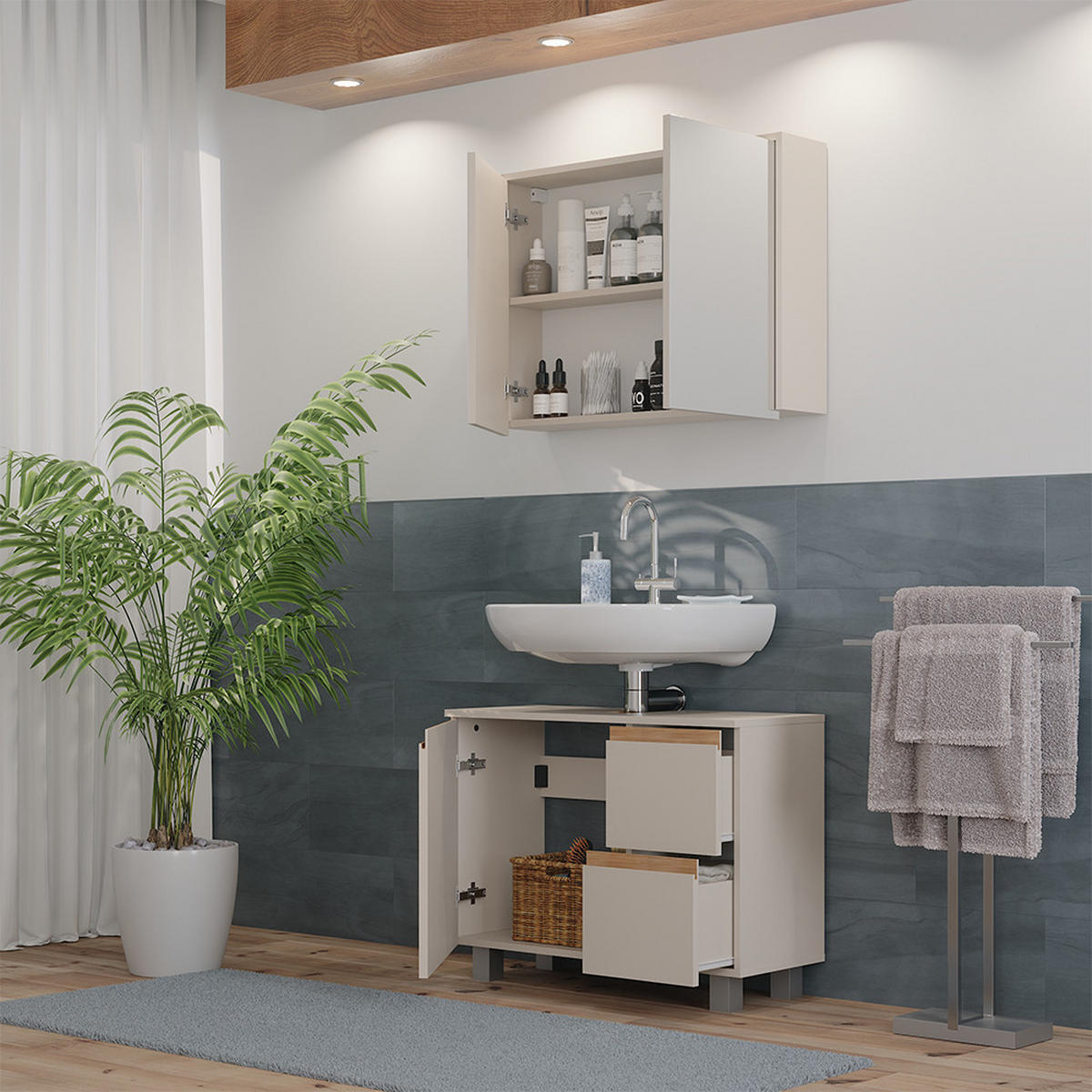 BADMÖBEL-SET J-Shape Cashmere/Artisan 2 Teile - Kaschmir/Hellgrau, Holzwerkstoff (80/60.8/33cm) - Vicco