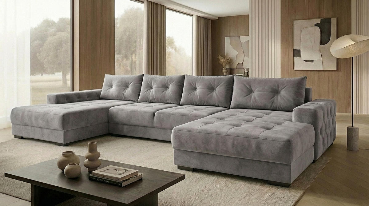 ECKSOFA MODENA 320 cm x 185 cm – Stoff: VELUTTO Silber 15 Farbe: Grau - Grau, Textil (320/185cm) - A&J MöbelLand