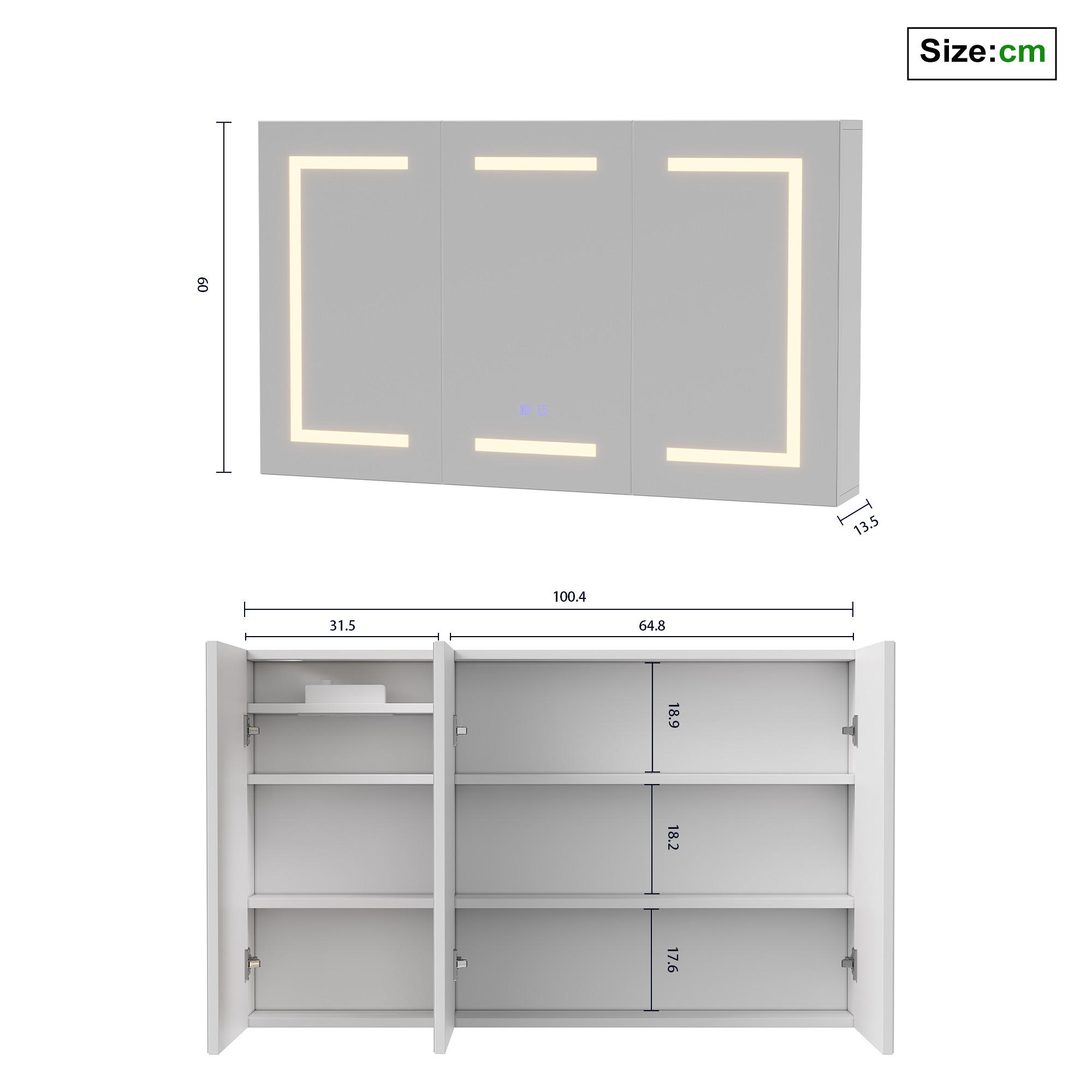 SPIEGELSCHRANK Badezimmerspiegelschrank mit LED-Beleuchtung, dreitüriger Spiegelschrank mit dreifarbiger Beleuchtung und Antibeschlagfunktion - Weiß, Holz (13.5/60/100.4cm) - WoodenAura