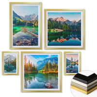 WANDBILDER 5er Set - 50x50 cm & 20x30 cm & 40x60 cm Goldrahmen - Spiegelung des Waldes in Bergseen - Goldfarben, Kunststoff (40/60cm) - ArtPrintCave