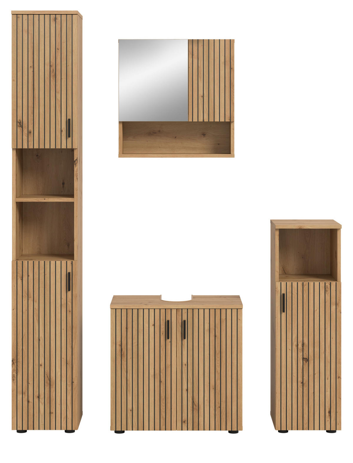 BADMÖBEL-SET Eiche Artisan 4-teilig 150 cm, Badkombination mit viel Stauraum - Schwarz/Eiche Artisan, Glas/Holzwerkstoff (150/192/30cm) - Inn.Furn