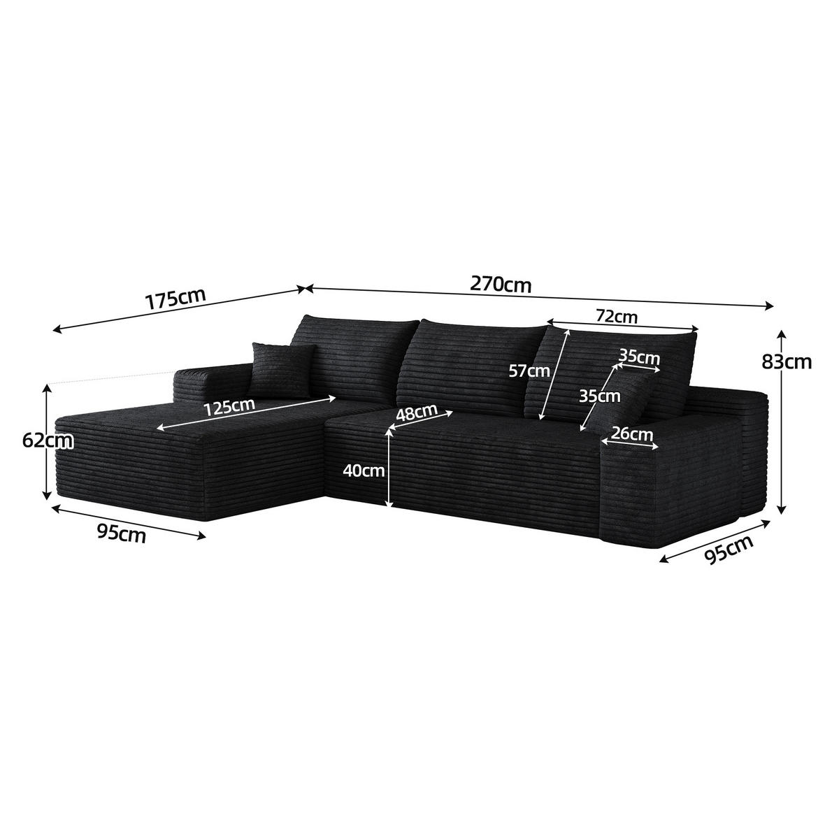 ECKSOFA 270/175/83 cm Schwarz Cord mit Chaiselongue, Linke Seite - Schwarz, Textil (270/175cm) - Oxeza