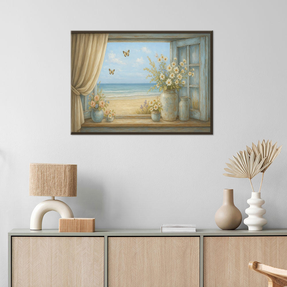 LEINWANDBILD Fensterblick auf Shabby Chic Strand 120x80cm - Beige, Textil (120/80cm) - Feeby