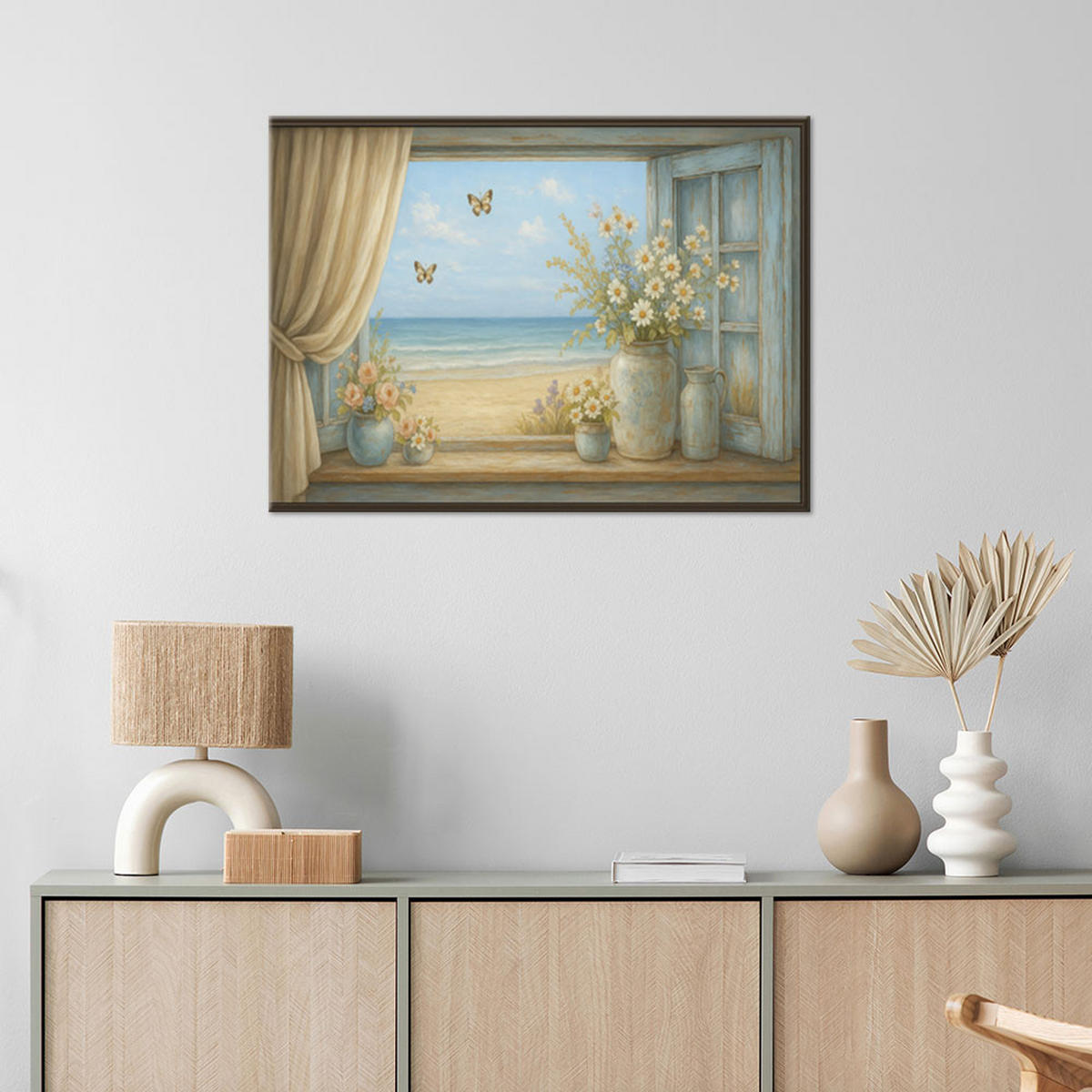 LEINWANDBILD Fensterblick auf Shabby Chic Strand 120x80cm - Beige, Textil (120/80cm) - Feeby