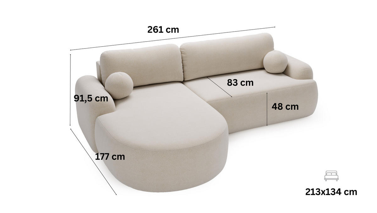 ECKSOFA DION ECRU L - Links - Ecru, Textil (261/177cm) - Luxkor24