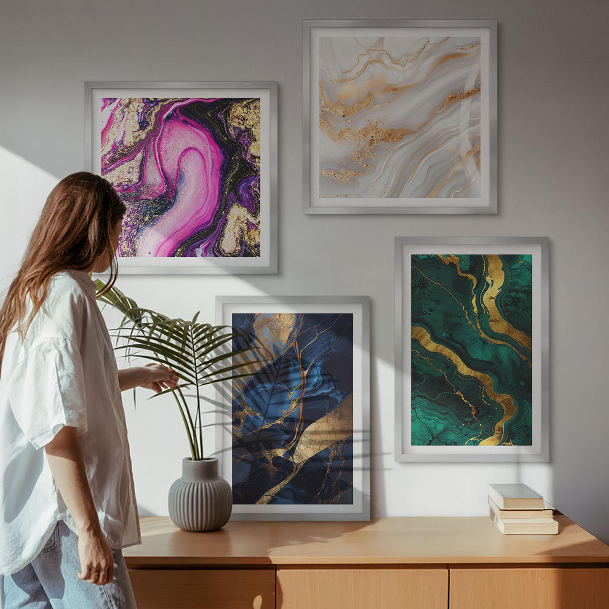 WANDBILDER 4er Set - 50x50 cm & 40x60 cm Silberner Rahmen - Abstrakter Marmor mit Farben - Silberfarben, Kunststoff (50/50cm) - ArtPrintCave