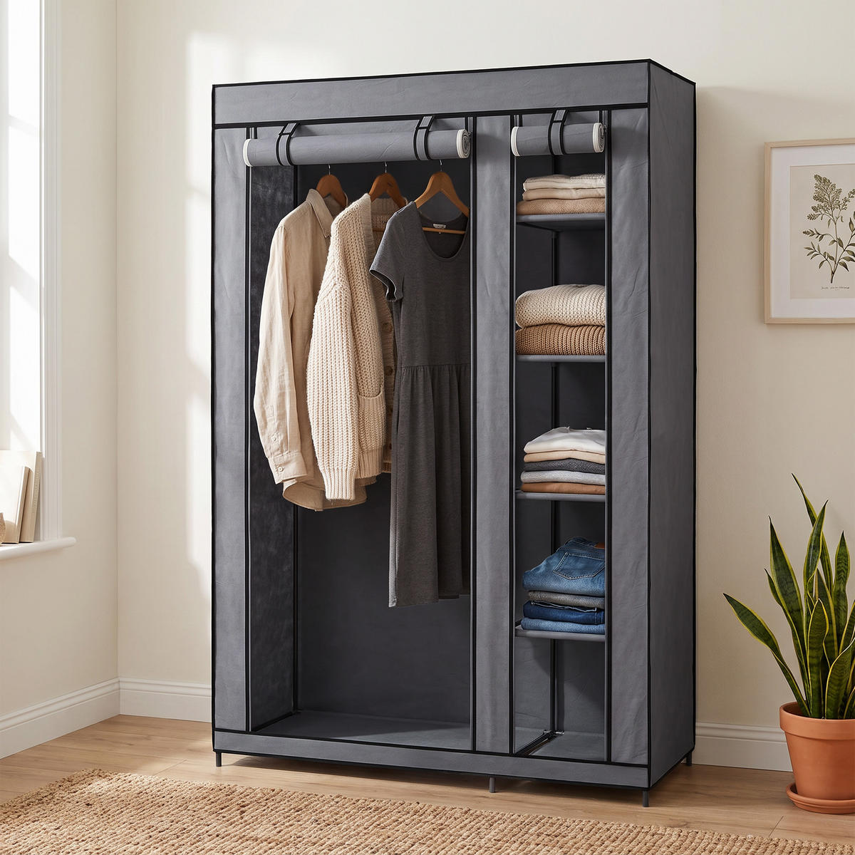 NETKANÁ textilie na šatní skříň ocelově šedá - šedá, kov/textil (45/175/110cm) - HOMCOM