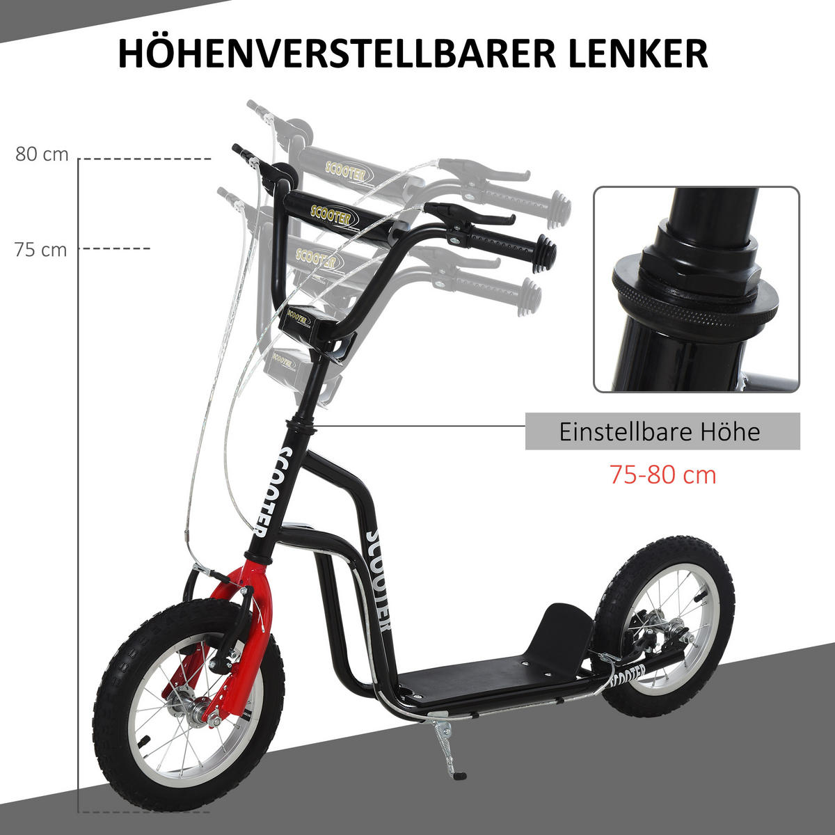 KINDERROLLER Lenker Verstellbar Tretroller mit Luftreifen 12 Zoll Schwarz - Schwarz, Metall (120/58/80cm) - HOMCOM