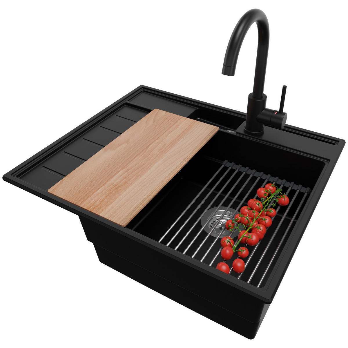 GRANITSPÜLE Sydney Pocket, 2-er set Schwarz 62/53 cm 1 Becken + Küchenarmatur 32/20 cm + Ablauf-Set + Küchenzubehörset ab 45er Unterschrank - Chromfarben/Beige, Kunststoff (62/20/53cm) - Primagran