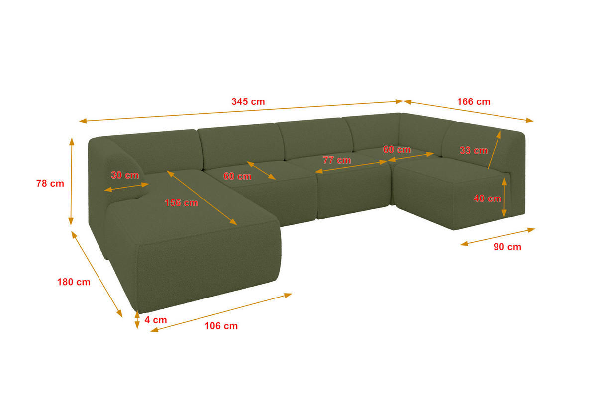 WOHNLANDSCHAFT Ottomane Links MOVO-L 345x180x78 cm Grün Bouclé - Dunkelgrün, Holzwerkstoff/Kunststoff (345/78/180cm) - ALTDECOR