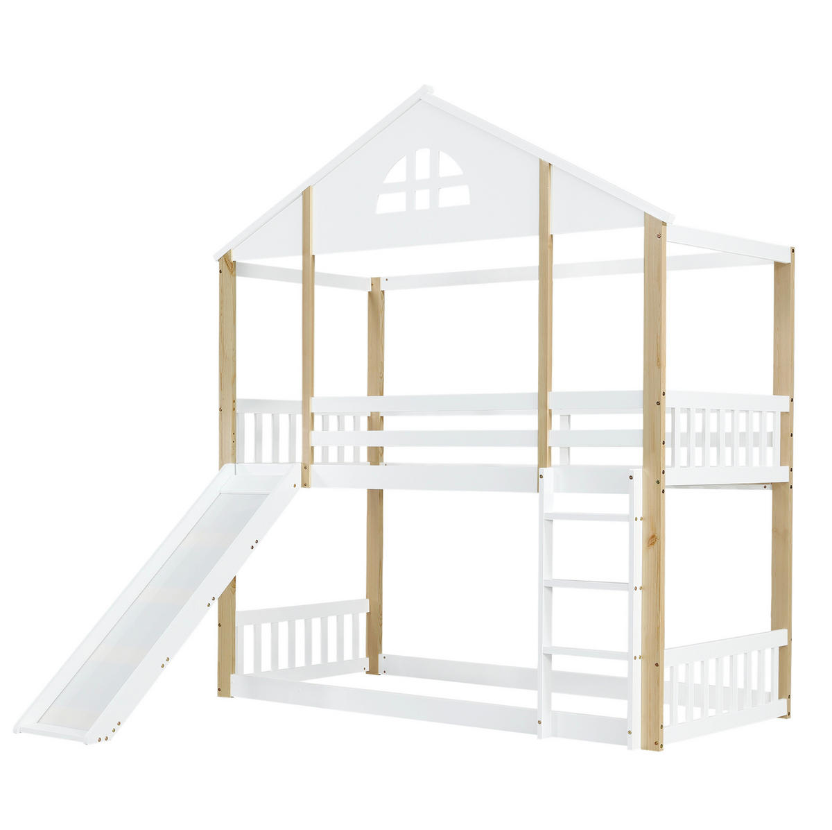 ETAGENBETT 90/200 cm mit Rutsche, Winkeltreppe, Fensterdesign und Hausrahmen aus Massivholz und MDF, Weiß/Natur - Weiß, Holz (90/200cm) - Redom