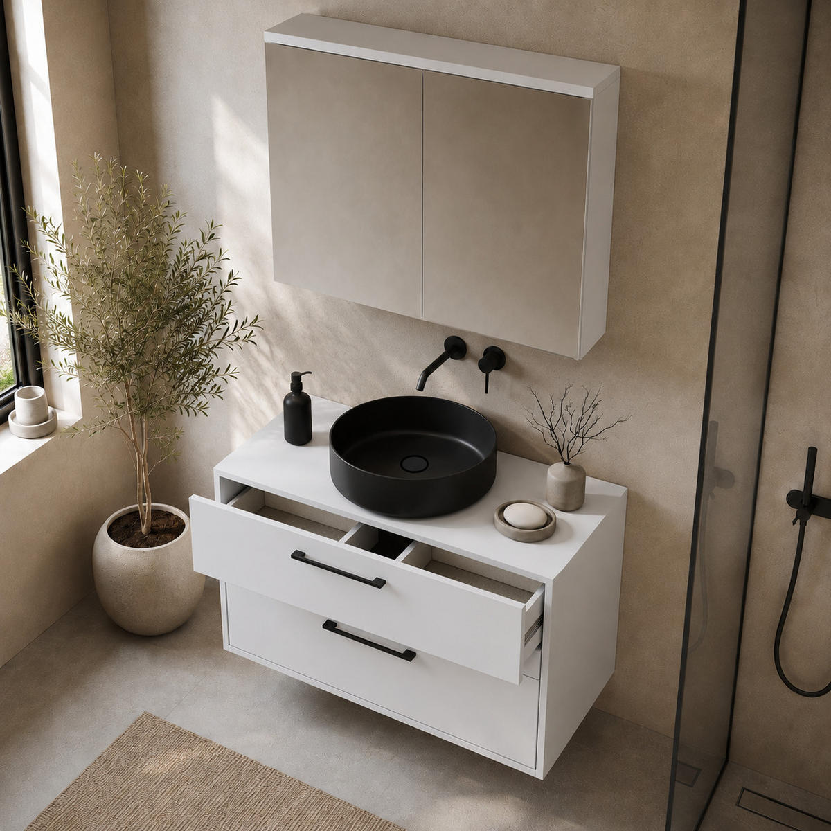 BADMÖBEL-SET Florence 2 Teile Hochglanz Weiß - 80 x 46 x 46 cm - Weiß, Holz (80/46/46cm) - Badplaats