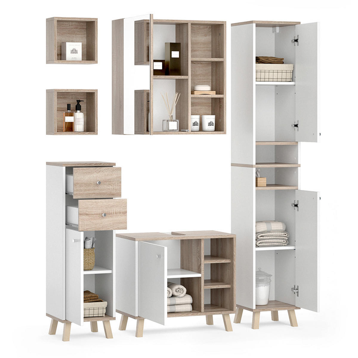 BADMÖBEL-SET Senyo Weiß 5 Teile - Weiß/Sonoma Eiche, Holzwerkstoff (62/54/32cm) - Vicco