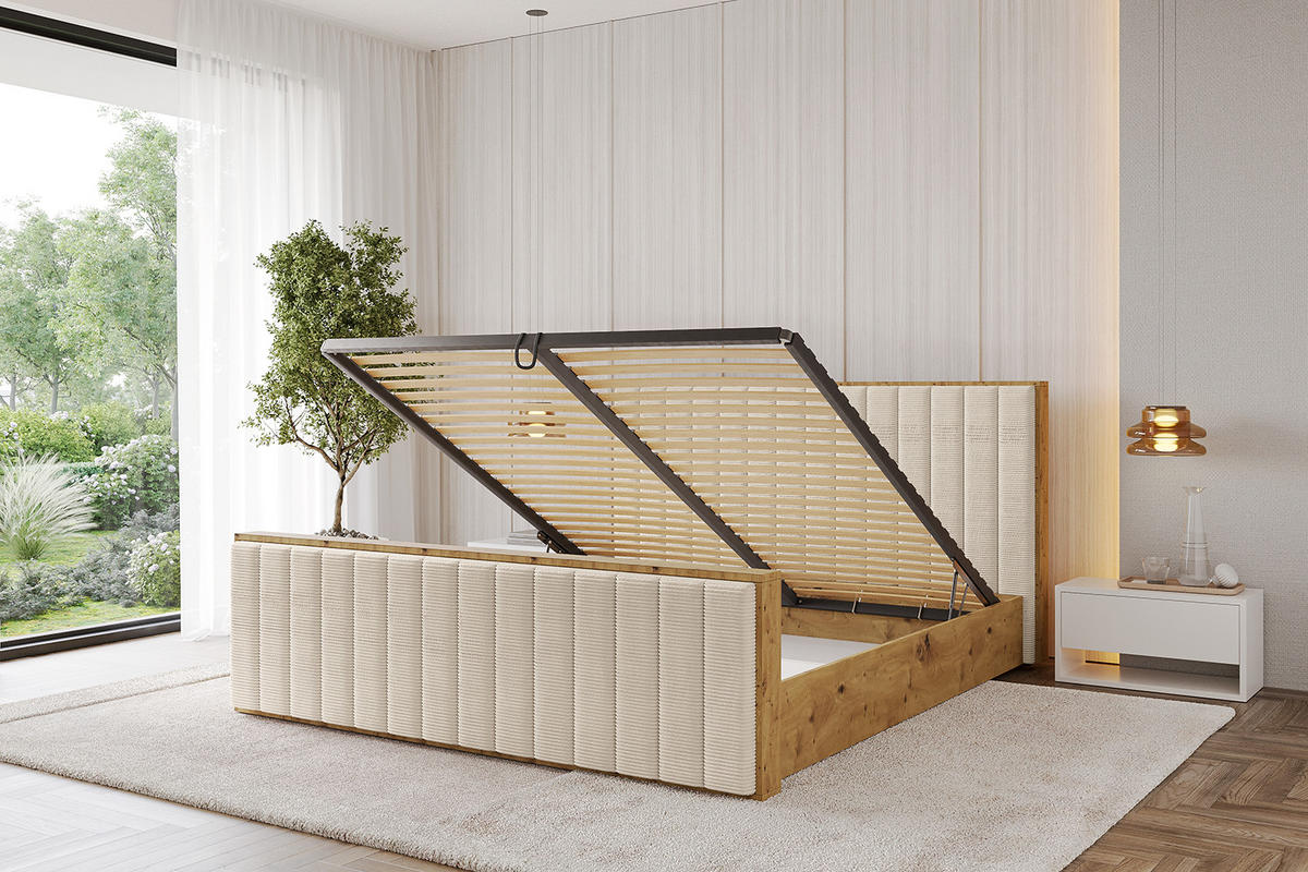 POLSTERBETT mit Bettkasten, Fußteil und Lattenrost, Boxbett mit Matratze H3/H4 - ENZO4-Z 120x200 Beige - Creme, Holzwerkstoff/Textil (120/200cm) - ALTDECOR