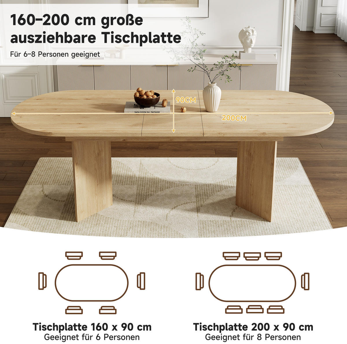 JEDÁLENSKÝ stôl 160/200/90 cm dub, MDF, rozkladací - farba duba, kompozitné drevo (200/90/75cm) - BEAOK