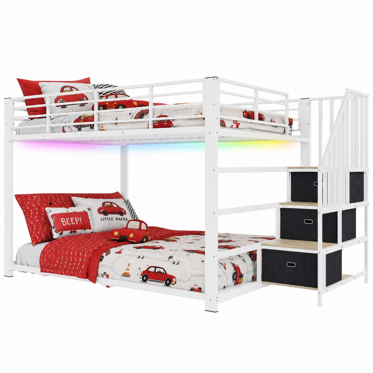 ETAGENBETT aus MDF und Metall 140x200 cm Weiß/Walnuss mit Stauraumtreppe, LED und USB-Anschlüssen - Weiß, Holzwerkstoff (140/200cm) - Modfu