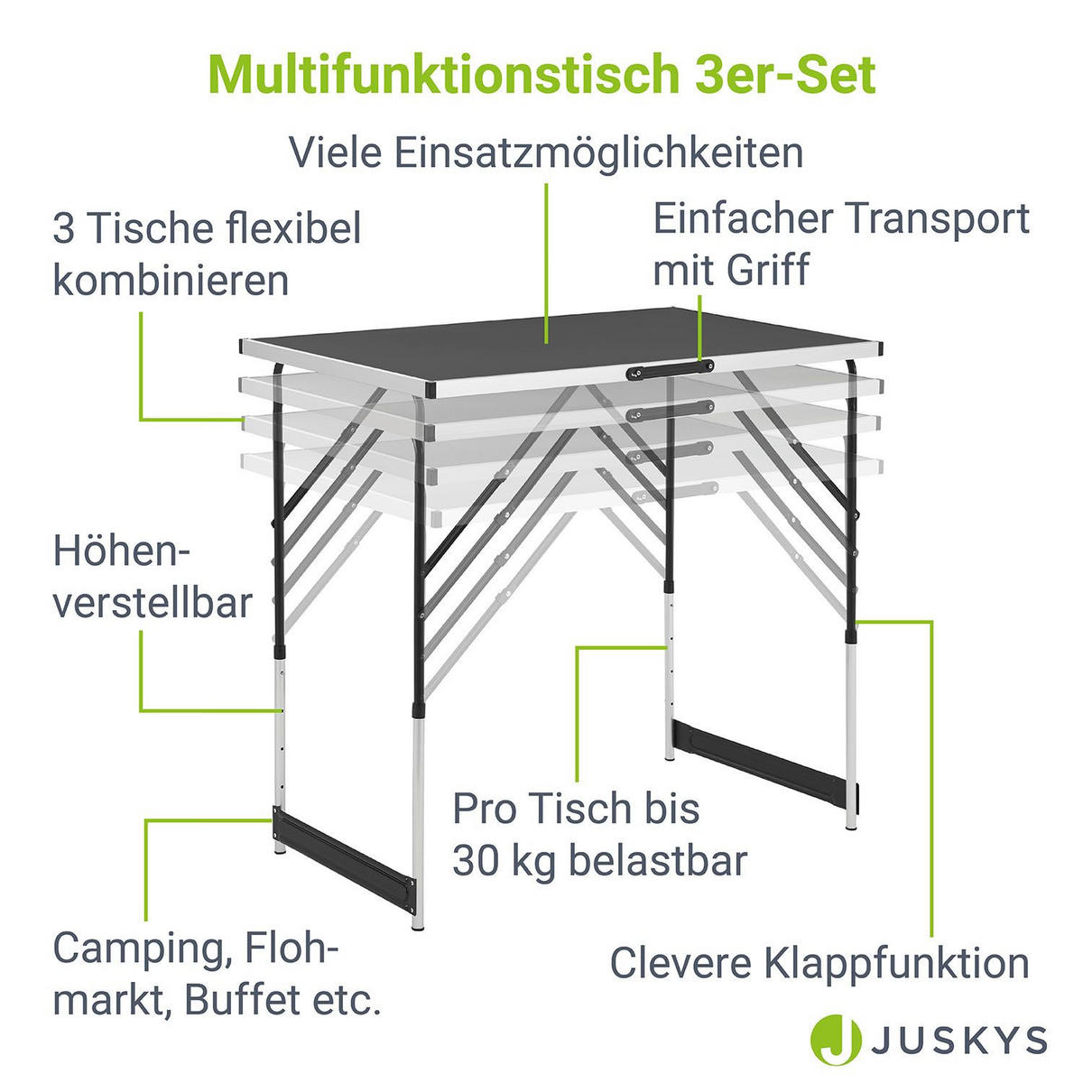 MULTIFUNKTIONSTISCH höhenverstellbar 3er-Set - Schwarz, Holz (100/60/73cm) - Juskys