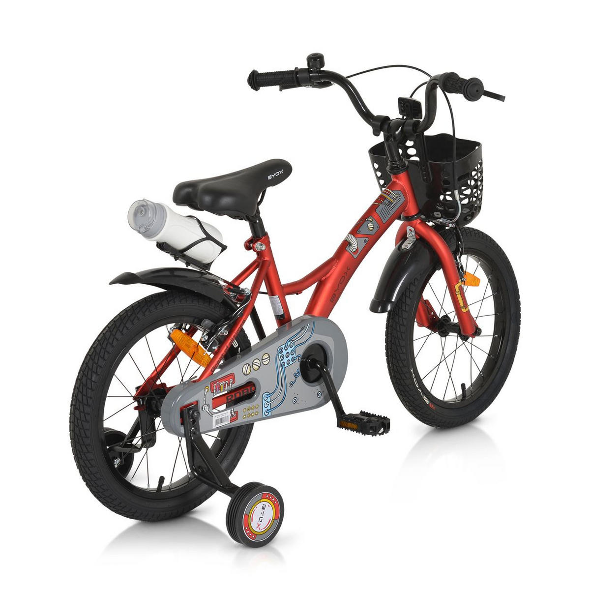 KINDERFAHRRAD Robo 16 Zoll rot Stützräder, Flasche, Klingel, Korb, Metallrahmen - Rot, Metall (76cm)