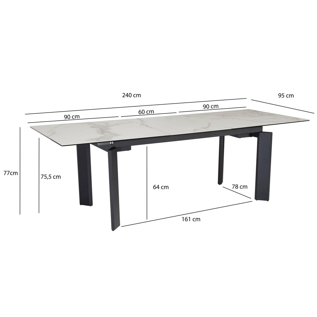 ESSTISCH Ausziehbar Keramik Glas Marmoroptik 180-240 MALTA, Weiß-Schwarz 180x95x77 cm - Schwarz/Weiß, Glas/Metall (95/180/77cm) - KADIMA DESIGN