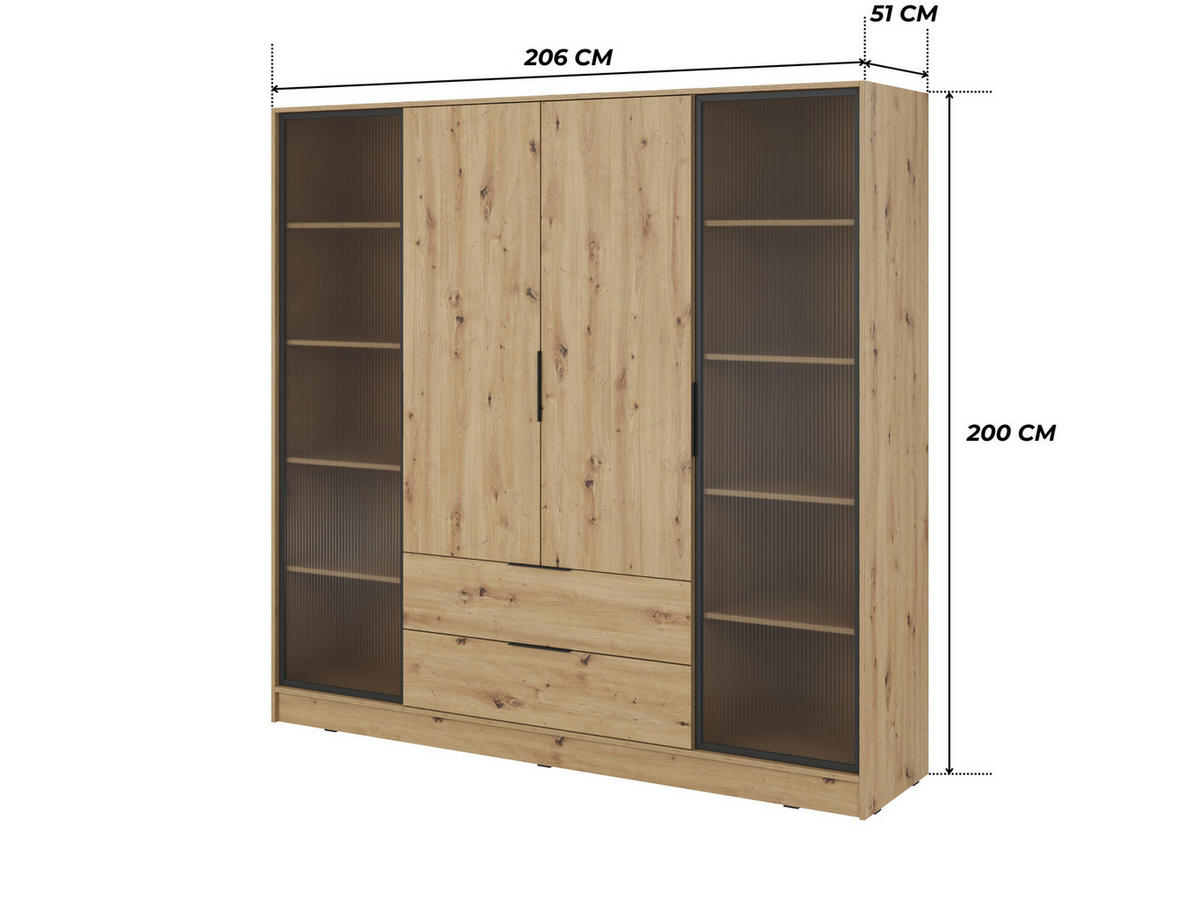 KLEIDERSCHRANK RICADI 4D RD (Artisan Eiche, Riffelglas, 4 Türen, 2 Schubladen, Kunststoffgriffe) - Schwarz/Eiche Artisan, Holz/Holzwerkstoff (206/200/51cm) - Ravio