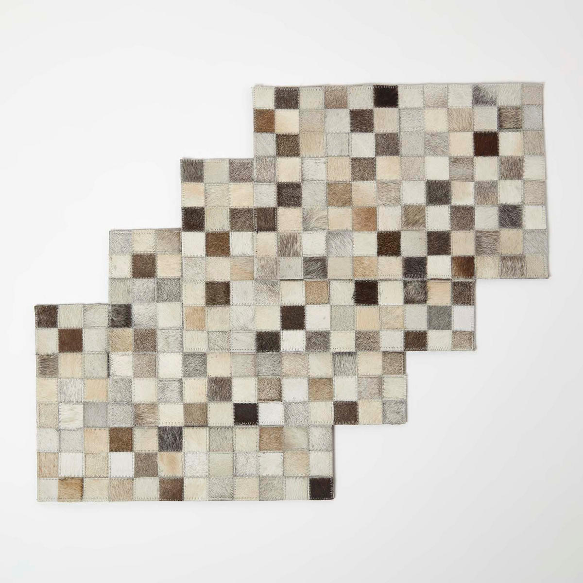 TISCHSET 4er-Set grau-beige, Patchwork-Karo, Fell & Leder, 30/46 cm - Grau, Leder (30/46cm) - Homescapes