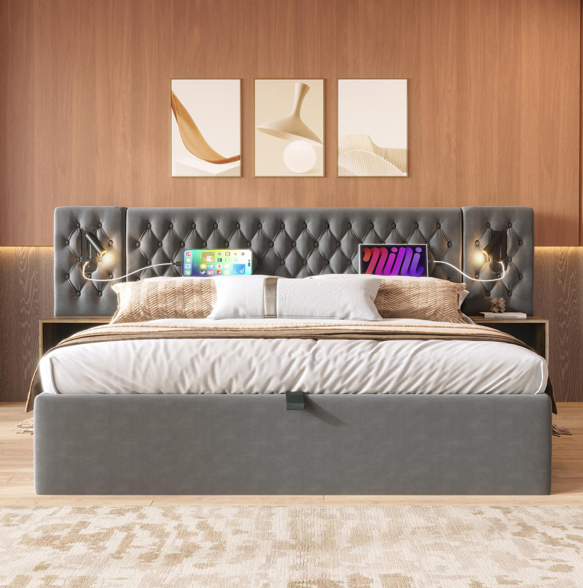 TAPECIRANI krevet 160/200 cm sivi od baršuna s prostorom za odlaganje i 2 noćna ormarića - siva, tekstil (160/200cm) - OKWISH