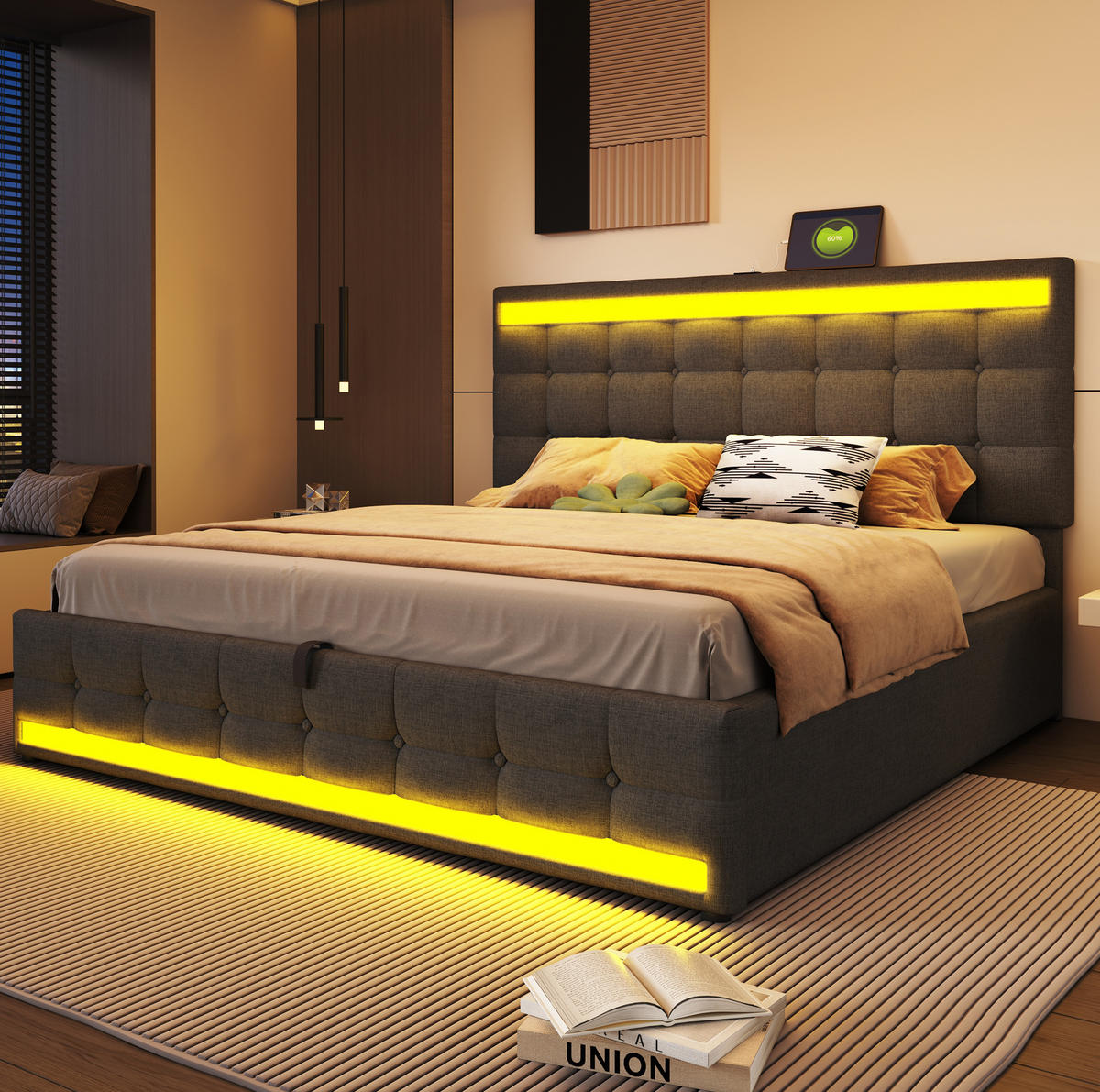 ČALOUNĚNÁ postel 180/200 cm šedá z lněné tkaniny s LED osvětlením a USB - šedá, textil (180/200cm) - OKWISH