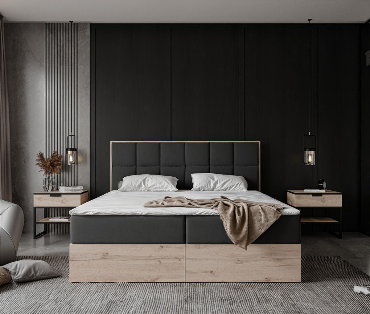 BOXBETT LAVIO II 180/200 cm, in Schwarz, mit Matratze und Topper - Schwarz, Holzwerkstoff/Textil (180/200cm) - Idohome