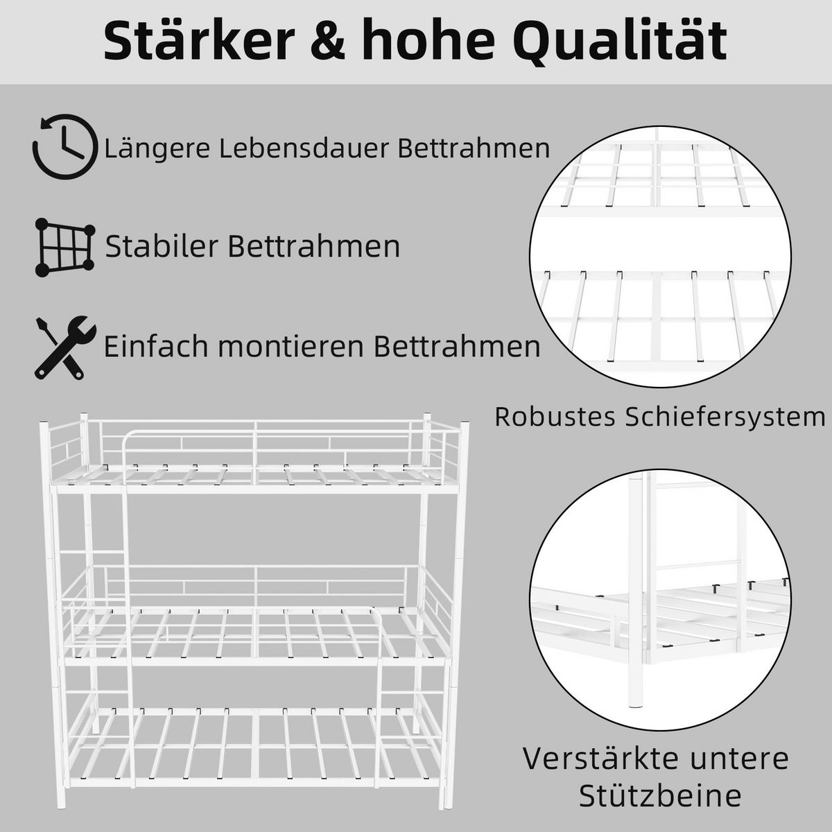 ETAGENBETT Dreifach-Etagenbett Metall - Weiß, Metall (90/190cm) - ComfortXL