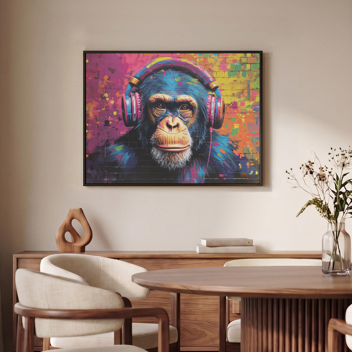 LEINWAND Bilder mit Rahmen - Graffiti - Schimpanse - Straßenkunst - Kopfhörer - Affe - 70x50 - Blau, Textil (70/50cm) - MuchoWow