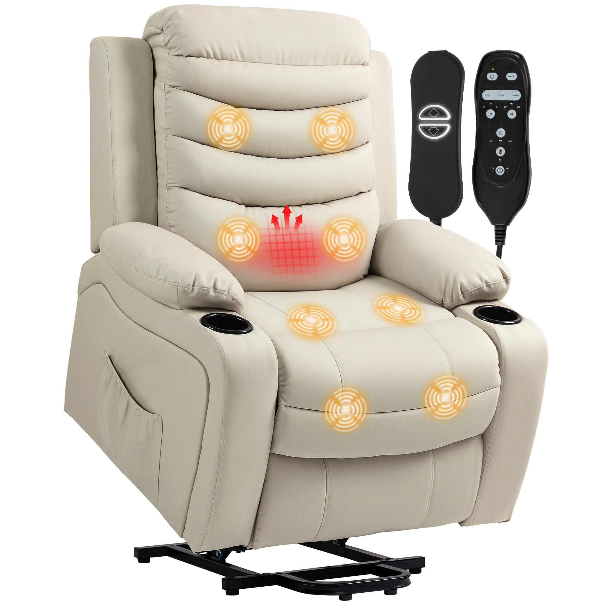 MASSESESSEL Creme mit Massagefunktion und Aufstehhilfe 95,5/93/100 cm - Creme, Leder (95.5/100/93cm) - PANGIVO